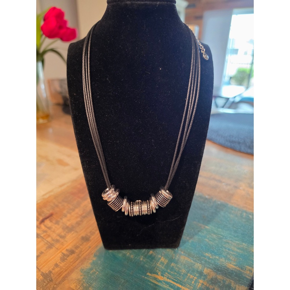 Chicos 1946 Multi Strand Cord Necklace Silver Tone Mixed Metal Beads Boho Modern